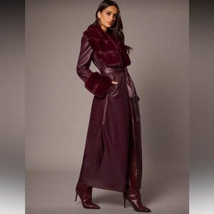 Lux Burgundy Faux-Fur Trim Trench Coat